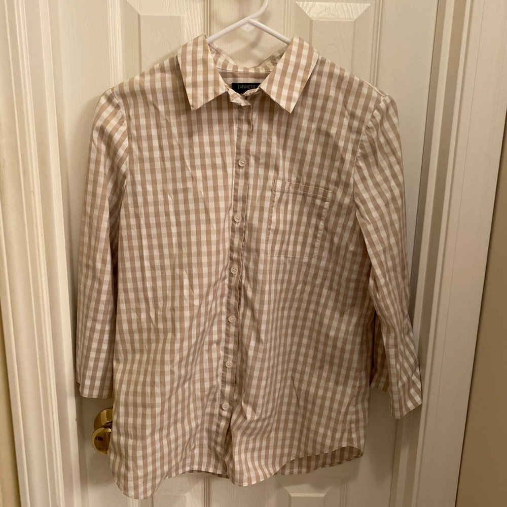 Lafayette 148 New York Gingham Plaid 3/4 Sleeves Button Down Career Workwear